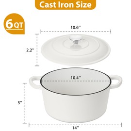 LIANYU 6 QT Dutch Oven, Nonstick Enameled Cast Iron Dutch Oven with Lid, Heavy-Duty Cooking Pot for Bread Baking Stewing Braising, Dual Handles, Various Stovetops & Oven Safe, White