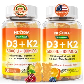 Vitamin D3 K2 Gummies 5000IU / 10,000 IU with Omega-3 250mg + K2(MK-7) 100mcg - 5X Absorption Than Standard D3K2,with Vitamin C, Zinc,and 5 Organic Vegetables,Supports Bone & Teeth Strength, Immune