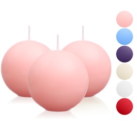 Ball Pillar Candles Set of 3 Pink 3Inch Unscented Handpoured Weddings, Home Decoration, (75 Hour)