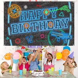 Laser Tag Gun Happy Birthday Backdrops Banner Gaming Backgrounds for Boys Kids Birthday Decorations Neon Glow Party Photography Props