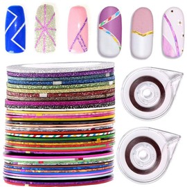 Beuniar Nail Striping Tape Line 40 Rolls Multicolor Glitter Matte Texture Decal Nails Art Adhesive Sticker Foil with 2Pcs Tape Roller Dispenser Holder