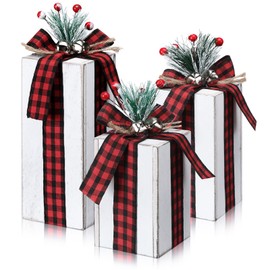Amyhill 3 Pcs Christmas Wooden Gifts Box Decor Christmas Plaid Presents Table Centerpieces Rustic Wooden Gifts Tiered Tray Decor with Buffalo Plaid Bowknot for Xmas Party(Red,Classic)