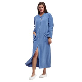 LA CERA Women's 100% Polyester Long Sleeves Embroidered Snapfront Fleece Robe With Button Closure