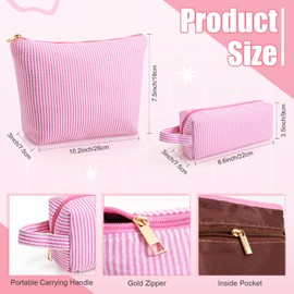 2 Pieces Striped Makeup Bag for Women Seersucker Cosmetic Travel Toiletry Pouch Set Pink Preppy Make Up Skincare Brushes Purse for Teen Girl Gift Gingham (Pink)