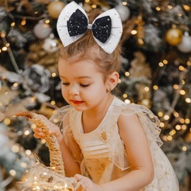 ZOLYCO Large Big 6 Inch Glitter Organza Hair Bow Clips Sequin Party Alligator Clips Mesh Hair Accessories for Women Teens Girls Kids 2 Pcs (Black)