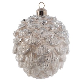 Karma, Christmas Hanging Ornament, Glittered Medium Glass Pinecone Ornament White