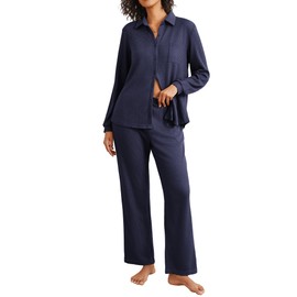 Ekouaer Womens Waffle Knit Pajamas Set 2 Pieces Loungewear Long Sleeve Button Down Matching Sleepwear Navy Blue, Large