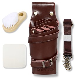KONGPEN Genuine Leather Scissor Case, 5 Pieces, Chamois Leather, Brush, Instruction Manual Scissor Bag, Florist Case, Brown