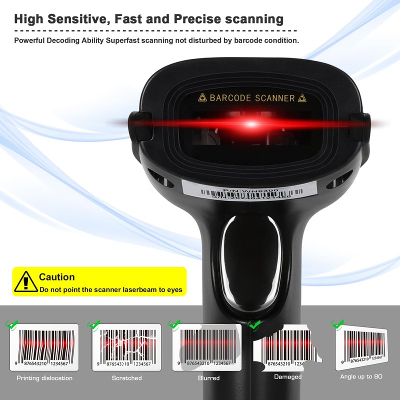 WoneNice 2.4G Wireless Barcode Scanner – 1D Handheld Cordless Barcode
