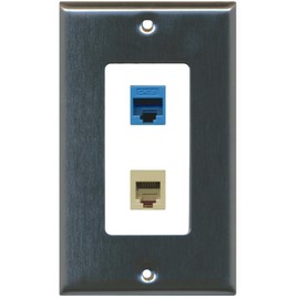 RiteAV - 1 Port Phone Beige 1 Port Cat6 Ethernet Blue Decorative Wall Plate - Stainless Steel/White - Bracket Included