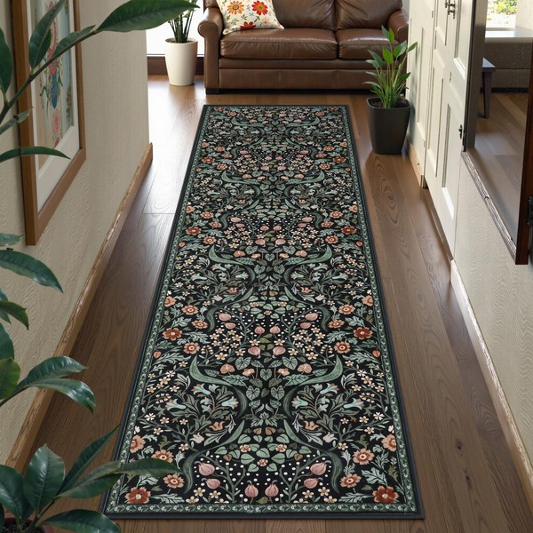 Lahome Floral Washable Runner Rug, 2.6x8 Black Runners for Hallways
