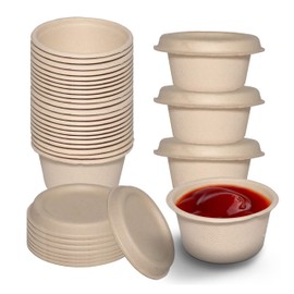 2 Oz Compostable Souffle Portion Cups with Fiber Lids - Condiment Paper Sample Cup with Lid Sugarcane Bagasse, Biodegradable Great For Sauces, Condiments, Slime, Jello Shot, Food Storage (400)