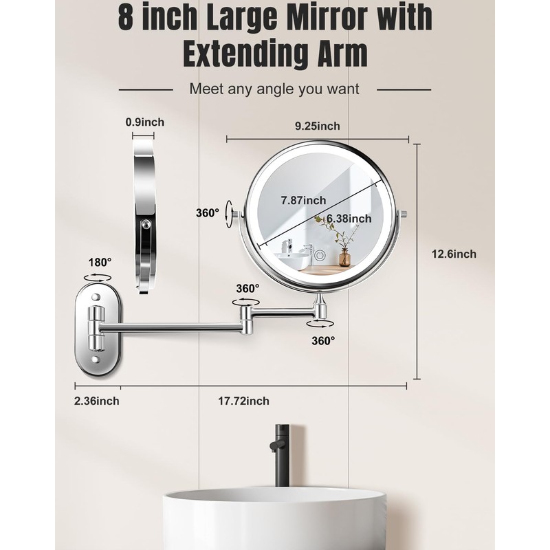 30X/1X Wall Mounted Lighted Makeup Mirror, 8'' Double Sided Rechargeable