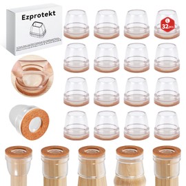 Ezprotekt Pack of 32 Protective Caps for Chair Legs with Felt, Rubber Furniture Leg Cups, Diameter 26-32 mm Table Leg Cover, Furniture Mat for Hardwood Floors, Round, Transparent, Round, Fit 1-1.25