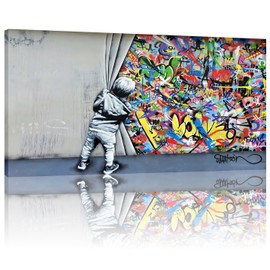 Banksy Canvas Wall Art Graffiti Street Art Behind the Curtain Graffiti Canvas Prints for Living Room Bedroom Home Decorations Modern Stretched Framed Artwork 20 x 40 Inches
