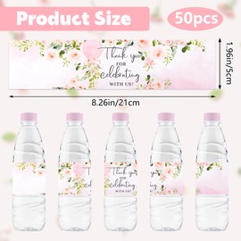 URROMA 50Pcs Pink Floral Wedding Water Bottle Labels Flowers Pattern Bottle Stickers Drinks Wrappers for Bridal Shower Party Favors Decor Supplies
