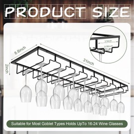 Kritkin 8 Row Wine Glass Rack Under Cabinet Holds up to 16-24 Glasses Under Cabinet Stemware Wine Glass Holder Extreme Large Hanger Hanging Wine Glass Holder for Cabinet Kitchen Bar Counter Black