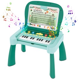 Leopmase Toddler Piano, 3-in-1 Touch & Learn Activity Desk with 4 Learning Cards and 5 Music Sheets Writing Board, Kids Whiteboard Drawing Table, Activity Center for Boys Girls