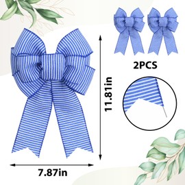 Ftuuo 2pcs Blue White Stripe Wreath Bows, Farmhouse Burlap Bow for Wreath Rustic Crafts Decorative Hanging Ornament Bow for Indoor Outdoor Wedding Holiday Birthday Party Decor