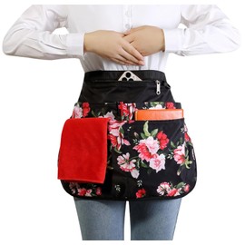 Waterproof Server Apron for Women with 7 Pockets,Quickly Put on and Take off Waitress Apron,Work Apron for Bartender Barista, Peony, Regular