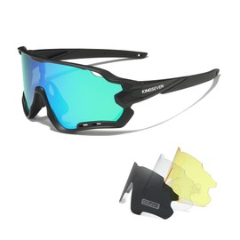 KINGSEVEN Polarized Cycling Glasses for Men Women Bicycle Sports MTB Road Bike Sunglasses with 4 Interchangeable Lenses LS-911 (Black/Green)