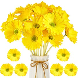 WILLBOND 18 Pieces Artificial Gerbera Daisies Flowers Fake Daisy Faux Flowers Bouquet 15 Inch for Wedding Bridal Bouquet Party Home Kitchen Decor (Yellow)