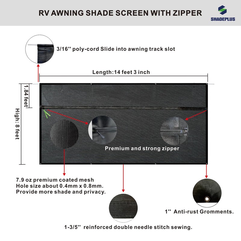 SHADEPLUS RV Awning Sun Shade Screen 8'x14'3''(Fit for 15' Awning),Black