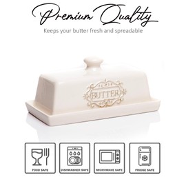Covered Butter Dish with Lid - Elegant Engraved Butter Holder with Lid - Ceramic Butter Stick Holder Tray Holds Any Size Stick - Decorative Butter Keeper Container for Countertop & Fridge - 7.7" x 4"