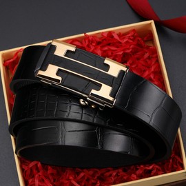 GOTOANT Men's Belt Leather Click Groove Belt Crocodile Designer Dress Casual H Word Black 110