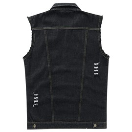 YOUTHUP Mens Ripped Denim Gilet Casual Vintage Biker Waistcoat Cowboy Sleeveless Vest Jacket, #813 Black, 3XL