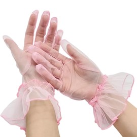 YAEISM Short Pink Gloves Sheer Silk Tulle Wedding Gloves Elegant Cute Ruffled Edge Opera Evening Tea Party Gloves for Women Formal