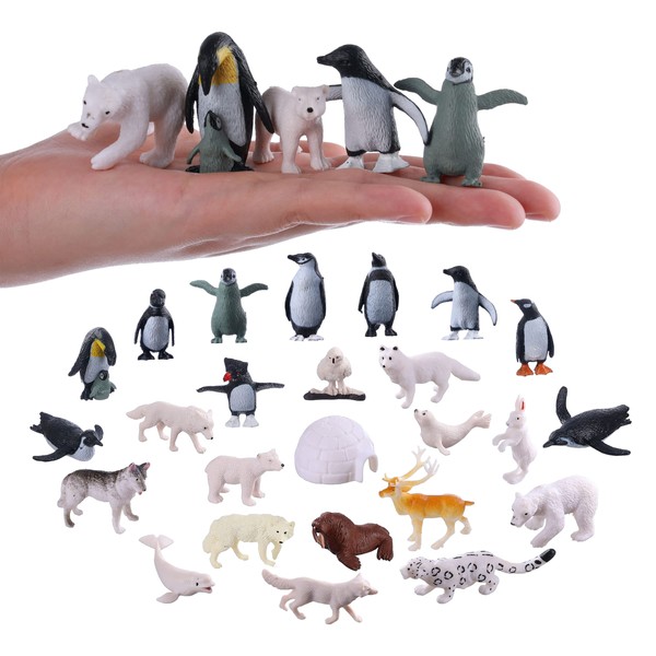 JOKFEICE Small Polar Animals Figurines, 25pcs Realistic Penguin Polar Bear Winter Animals for Early Educational Birthday Cupcake Topper Gift for Kids