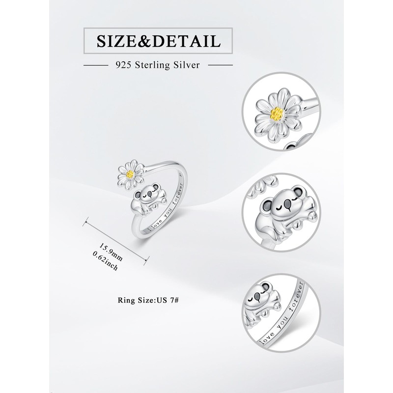 Cargari Koala Open Ring 925 Sterling Silver Koala Adjustable Ring