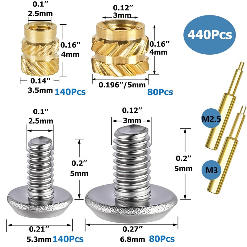 440Pcs Threaded Inserts Bolt Set M2.5 M3 Heat Set Insert
