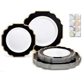 " OCCASIONS" 240 Plates Pack,(120 Guests) Heavyweight Wedding Party Disposable Plastic Plates Set -120 x 10.5'' Dinner + 120 x 8'' Salad/Dessert (Imperial in Black & Gold)