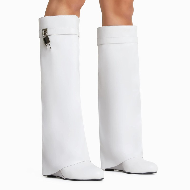 keleimusi Fold Over Wedge Boots Heeled PadLock Pant Knee High