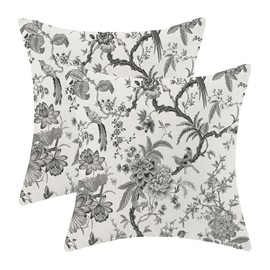 Chinoiserie Spring Pillow Covers 18 x 18 Inch Set of 2 Black and White Floral Birds Throw Pillows Plant Outdoor Decorative Pillowcase Linen Cushion Cases for Bed Sofa Couch