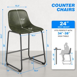 Rfiver Pu Faux Leather Bar Stools Set of 2, Industrial Pub Barstools with Back and Footrest, Modern Armless Bar Height Stool Chairs (Green, 24" Counter Chair x3)