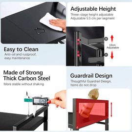 ESSGUO Expandable Metal Microwave Oven Rack, Microwave Stand for Kitchen Utensils Tableware Storage, Carbon Steel Over Microwave Shelf Countertop with 6 Hooks, 2-Tiers, 66lbs load-bearing, Black