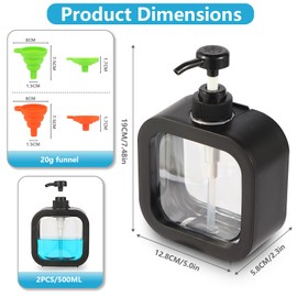 Tahbarshi Soap Dispenser, Black, Pack of 2, 500 ml Soap Dispenser, Bathroom, Kitchen, Soap Dispenser, Clear Plastic, Pump Dispenser for Bathroom, Office, Worktop, Kitchen with Funnel