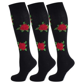 Mysocks Knee Socks Women's Flower Knee Socks Men's Seamless Women's Knee Socks Made of Cotton with Colourful Pattern, 3 pairs of black red rose
