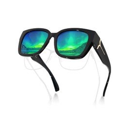 Meeloog Polarized Fit Over Glasses Sunglasses for Women UV Protection, Trendy Square Wrap Around Shades for Driving Riding (P1 Black Frame/Green Mirrored Lens)