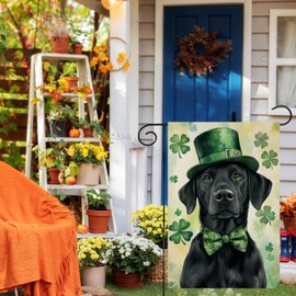 Wordatu Happy St. Patrick's Day Black Labrador Dog Garden Flag 12x18 Double Sided Small Spring Yard Shamrock Clover Sign for Home Outside Outdoor Decor (14158)