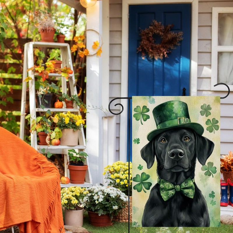 Wordatu Happy St. Patrick's Day Black Labrador Dog Garden Flag