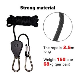 Pack of 4 Rope Ratchet with Hooks, Rope Ratchet Hanger Hanger, Adjustable Rope Ratchet for Plant Lamp, for Hanging Tent Growing Plant Lamp, 150 lb Capacity per Pair (Black)
