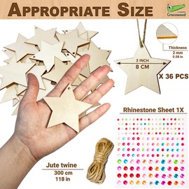 36 PCs Blank Wooden Stars Large - 8cm Wood Stars for Crafts, Painting & Decor - Unfinished Wooden Stars with Holes & Rhinestones as Wooden Christmas Star - Wood Star Ornament Wooden Hanging Star