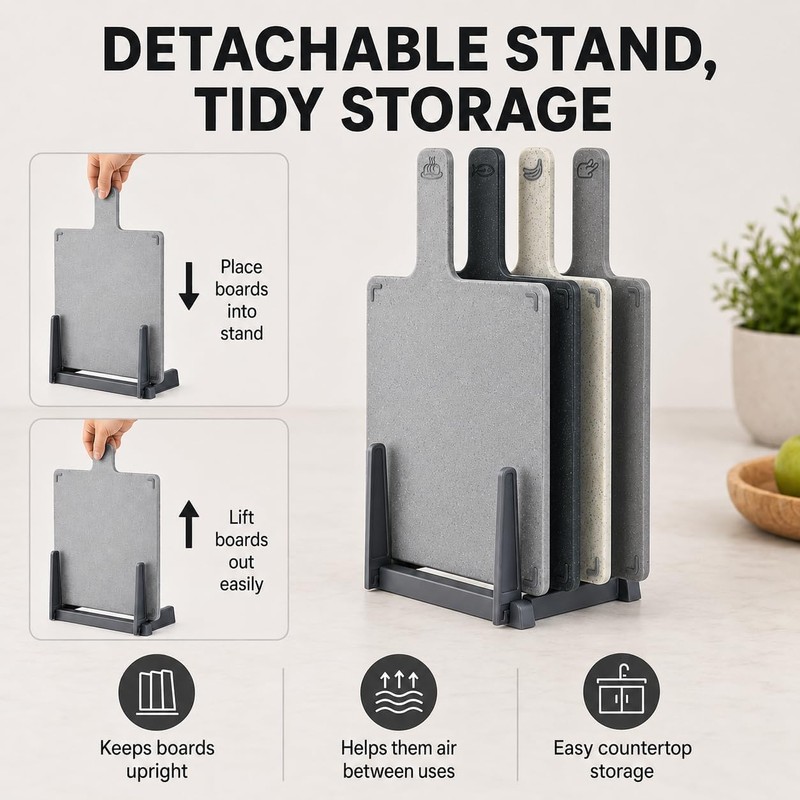4PCS Small Cutting Board Set with Holder, Color Coded Plastic