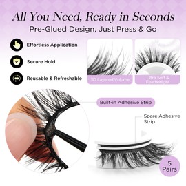 BEYELIAN Self Adhesive Eyelashes No Glue Needed Pre Glued Reusable False Eyelashes, Wispy Natural Look Faux Mink Press on Lashes 5 Pairs ZCV-189