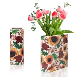 IBEQUEM Ceramic Book-Shaped Decorative Vase, Flower Vases for Home Decor, Cute Bookshelf for Book Lovers, Unique Vase for Home, Office (Sunflower)