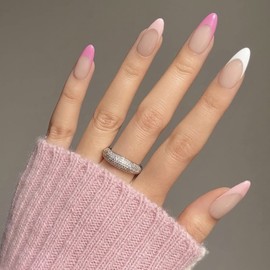 MISUD Medium Press on Nails Pink Fake Nails Stiletto Glossy False Nails French Tip Glue on Nails Almond Acrylic Nails for Women and Girls 24Pcs